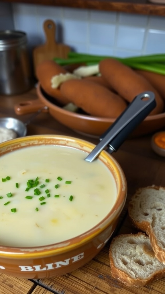 A bowl of creamy potato and leek soup garnished with chives, with crusty bread on the side, set in a warm kitchen.